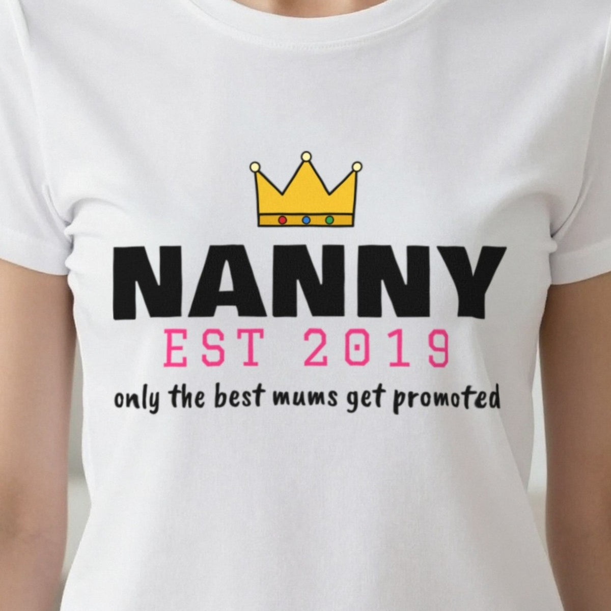 Personalised Nanny Est. T-Shirt & Sweatshirt print close-up, our photo