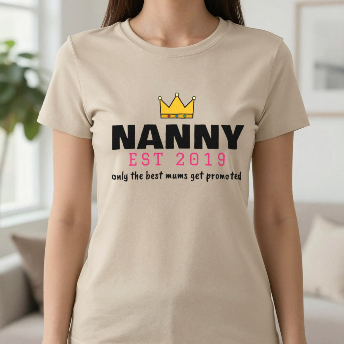 Personalised Nanny Est. T-Shirt & Sweatshirt T-Shirt in Sand, worn, our photo