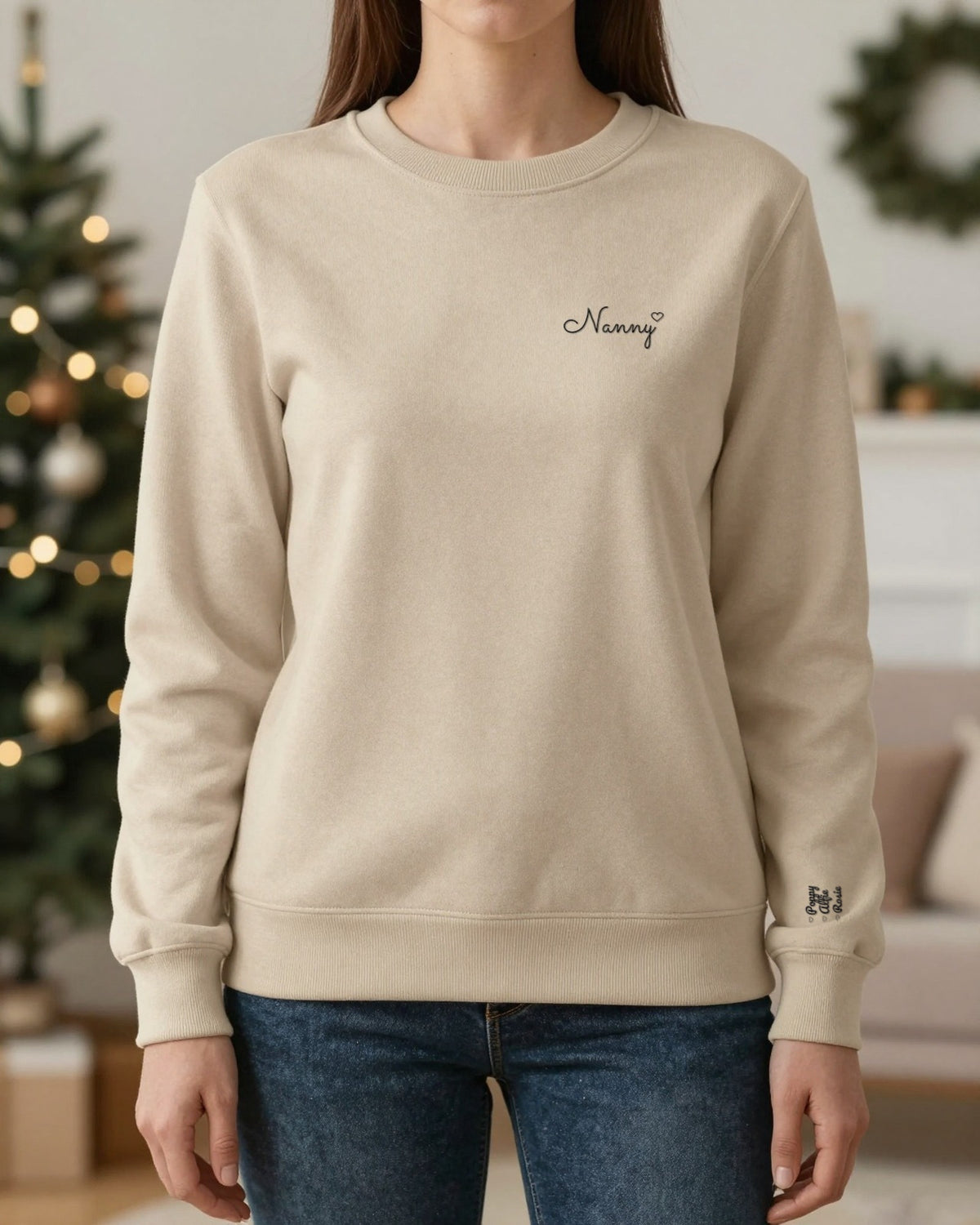 Embroidered Nanny sweatshirt with grandkids names on the sleeve, sand colour