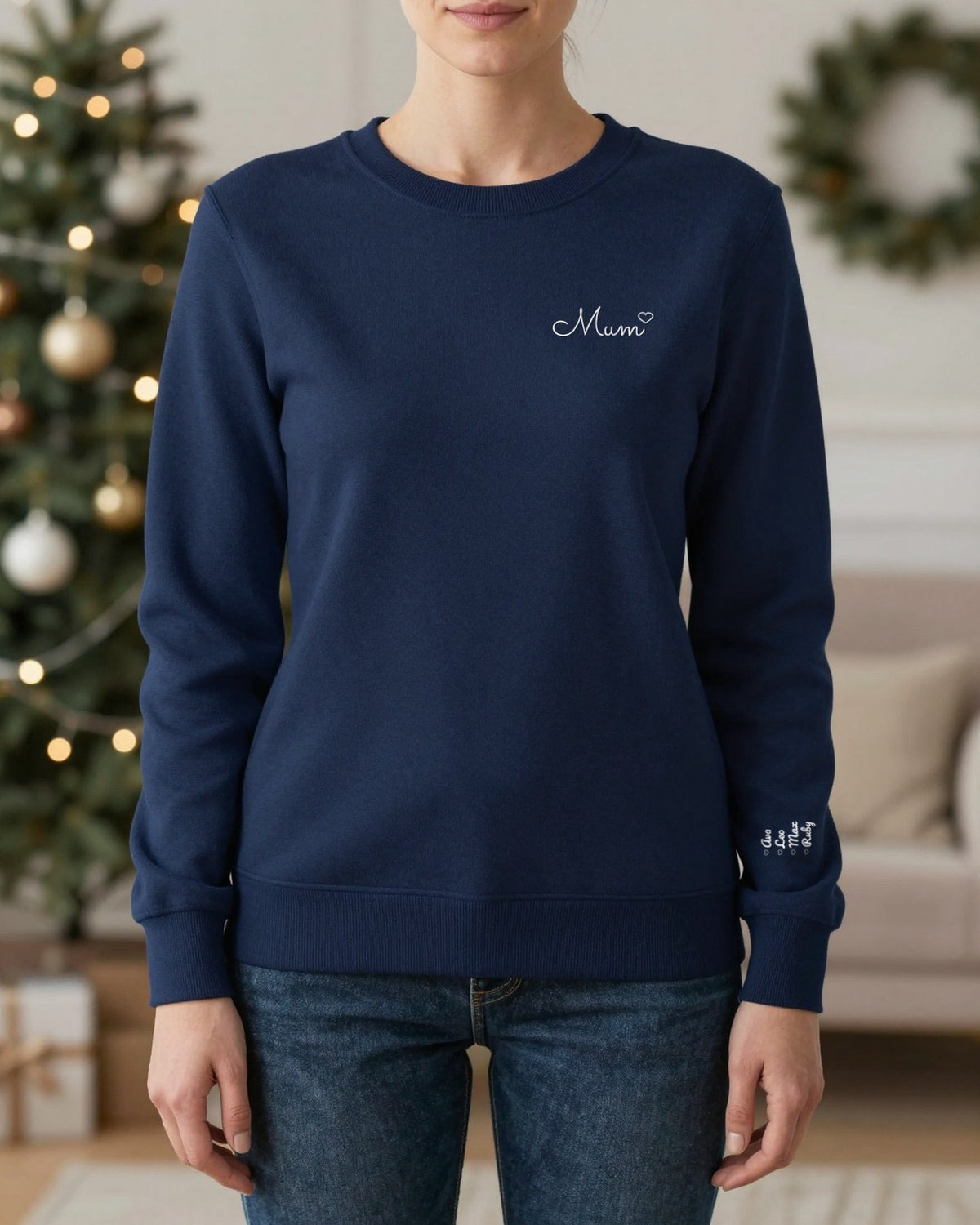 Navy embroidered Mum sweatshirt with white thread and kids names on the sleeve