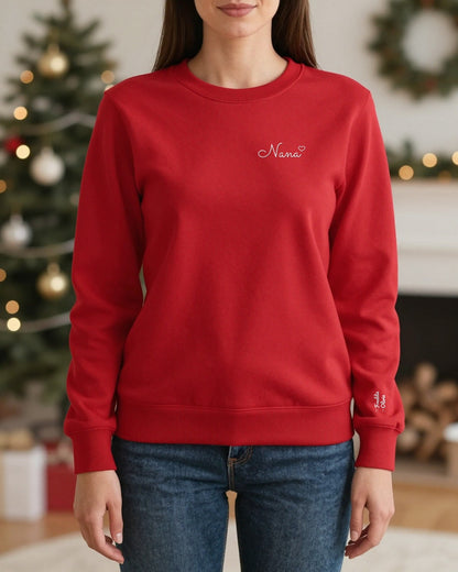 Red embroidered Nana sweatshirt with white thread