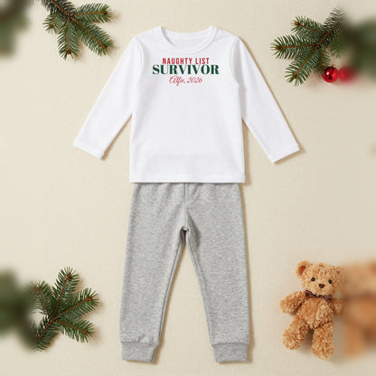 Naughty List Survivor Personalised Matching Family Christmas Pyjamas Set, Kids in White / Grey, our photo