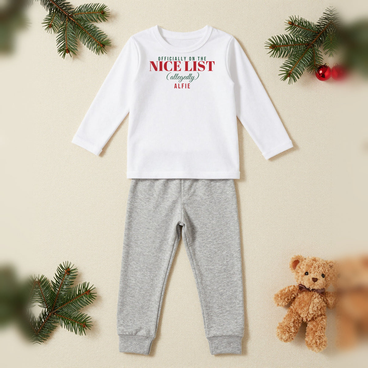 Nice List Allegedly Personalised Matching Family Christmas Pyjamas Set, Kids in White / Grey, our photo