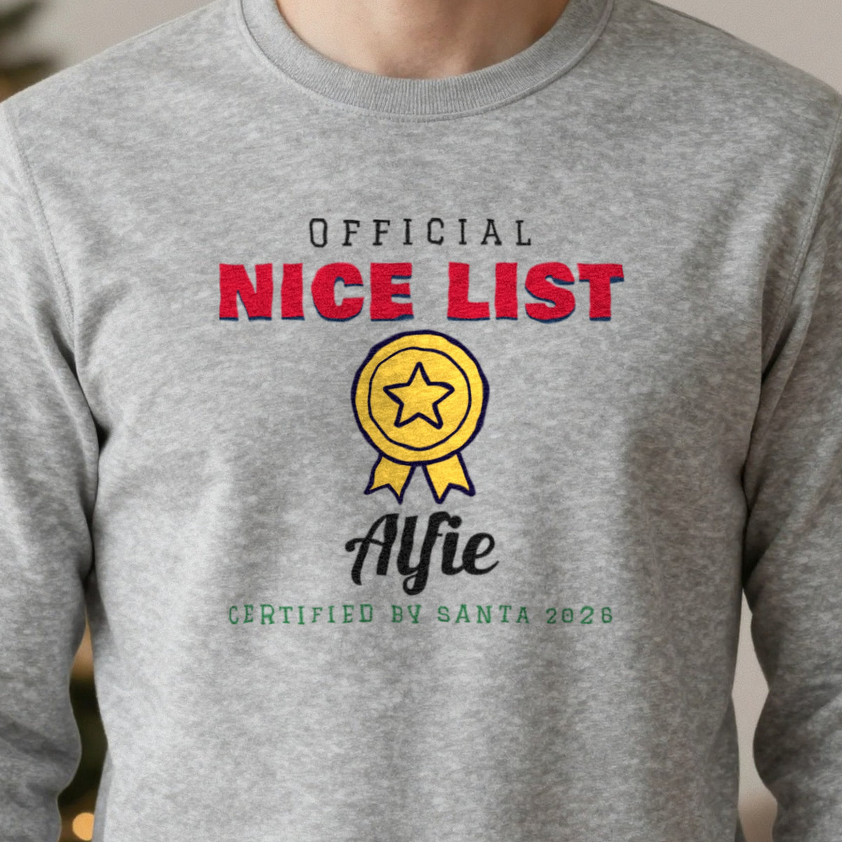 Personalised Nice or Naughty List Christmas Jumper & T-Shirt close-up