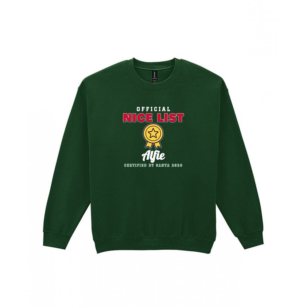 Personalised Nice or Naughty List Christmas Jumper & T-Shirt Nice Sweatshirt in Forest Green