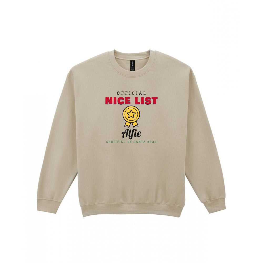 Personalised Nice or Naughty List Christmas Jumper & T-Shirt Nice Sweatshirt in Sand