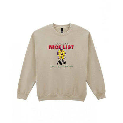 Personalised Nice or Naughty List Christmas Jumper & T-Shirt Nice Sweatshirt in Sand