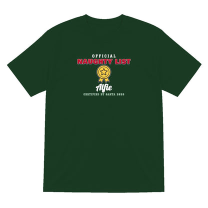 Personalised Nice or Naughty List Christmas Jumper & T-Shirt Naughty T-Shirt in Forest Green