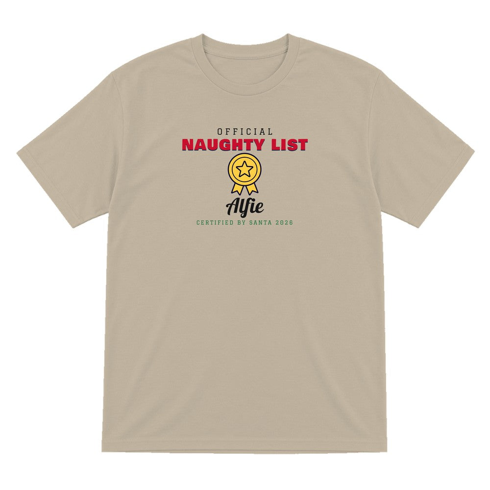 Personalised Nice or Naughty List Christmas Jumper & T-Shirt Naughty T-Shirt in Sand