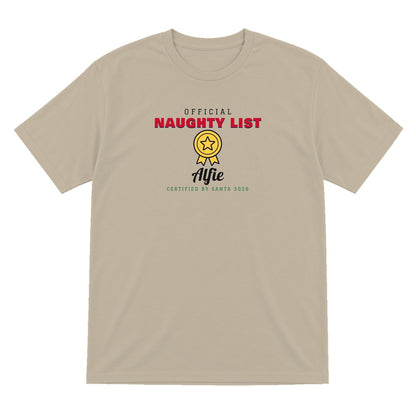 Personalised Nice or Naughty List Christmas Jumper & T-Shirt Naughty T-Shirt in Sand