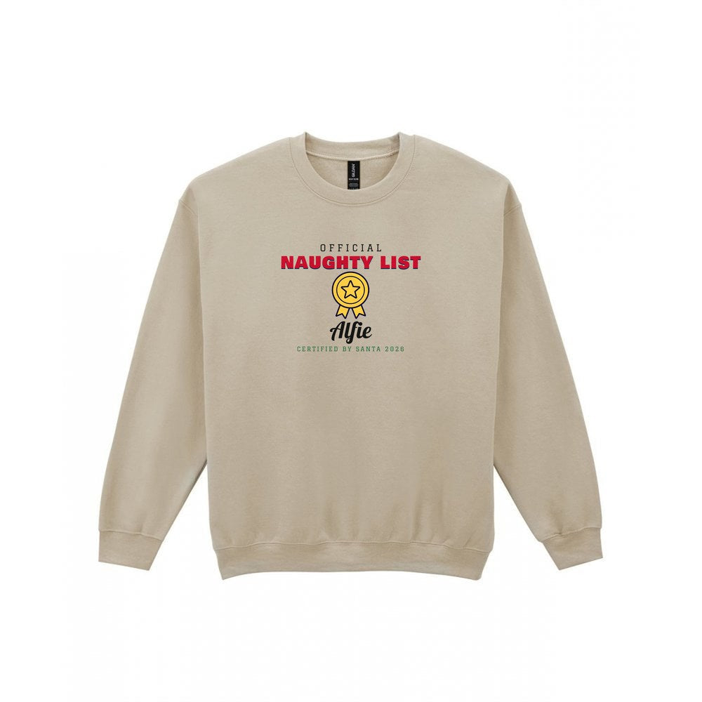 Personalised Nice or Naughty List Christmas Jumper & T-Shirt Naughty Sweatshirt in Sand
