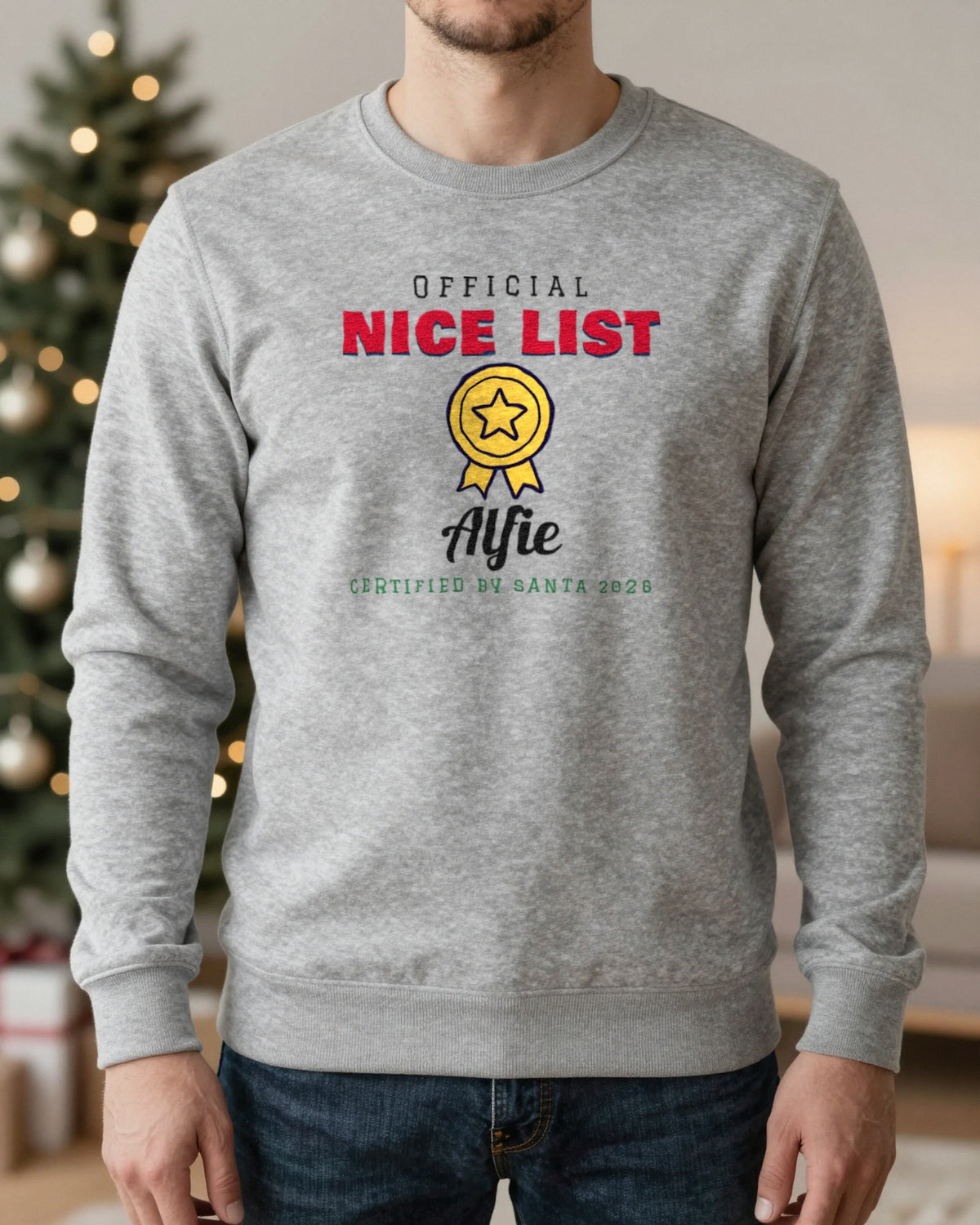 Personalised Nice or Naughty List Christmas Jumper & T-Shirt worn