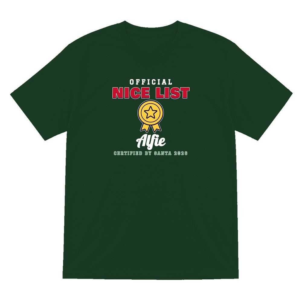Personalised Nice or Naughty List Christmas Jumper & T-Shirt Nice T-Shirt in Forest Green