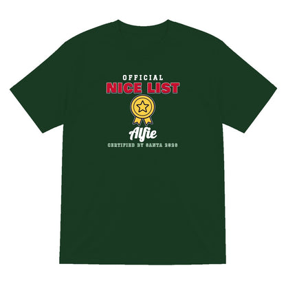 Personalised Nice or Naughty List Christmas Jumper & T-Shirt Nice T-Shirt in Forest Green