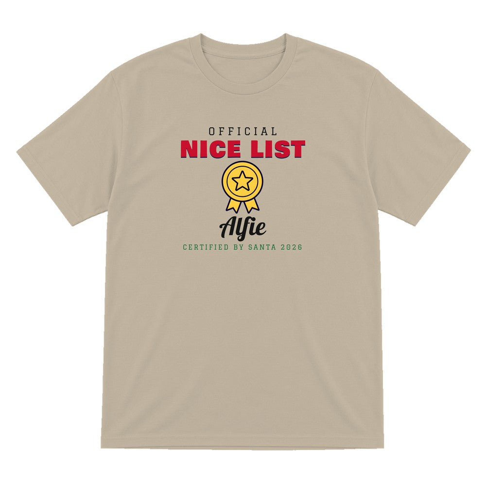 Personalised Nice or Naughty List Christmas Jumper & T-Shirt Nice T-Shirt in Sand