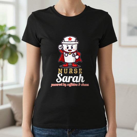 Personalised Nurse T-Shirt & Sweatshirt T-Shirt in Black, worn, our photo