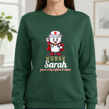 Personalised Nurse T-Shirt & Sweatshirt Sweatshirt in Forest Green, worn, our photo
