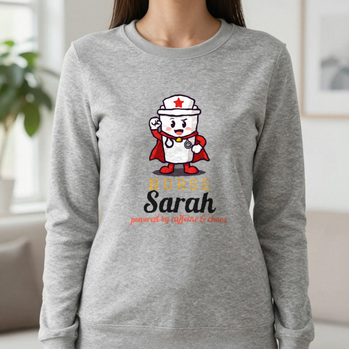 Personalised Nurse T-Shirt & Sweatshirt Sweatshirt in Sport Grey, worn, our photo
