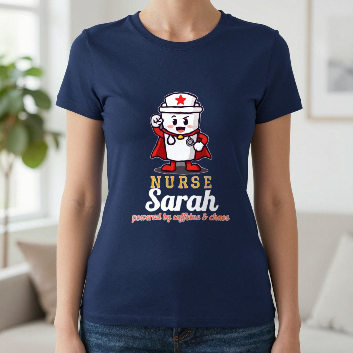 Personalised Nurse T-Shirt & Sweatshirt T-Shirt in Navy, worn, our photo