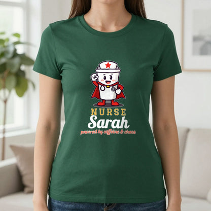 Personalised Nurse T-Shirt & Sweatshirt T-Shirt in Forest Green, worn, our photo
