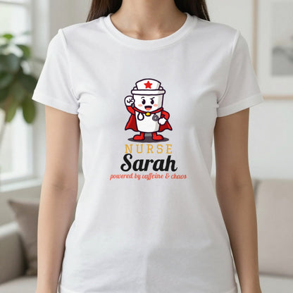 Personalised Nurse T-Shirt & Sweatshirt T-Shirt in White, worn, our photo
