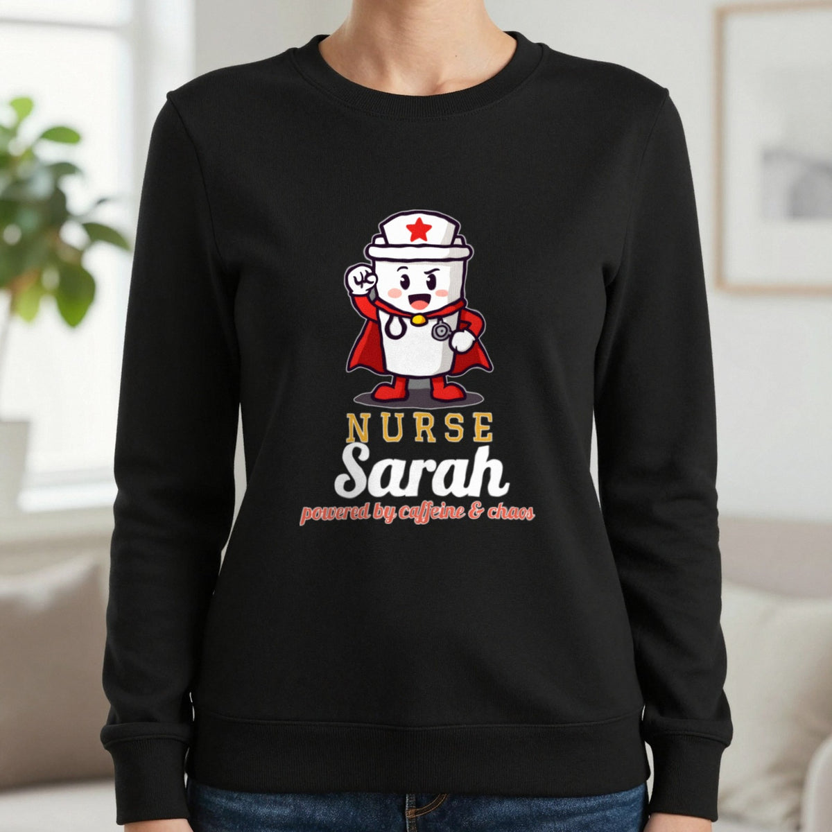 Personalised Nurse T-Shirt & Sweatshirt Sweatshirt in Black, worn, our photo