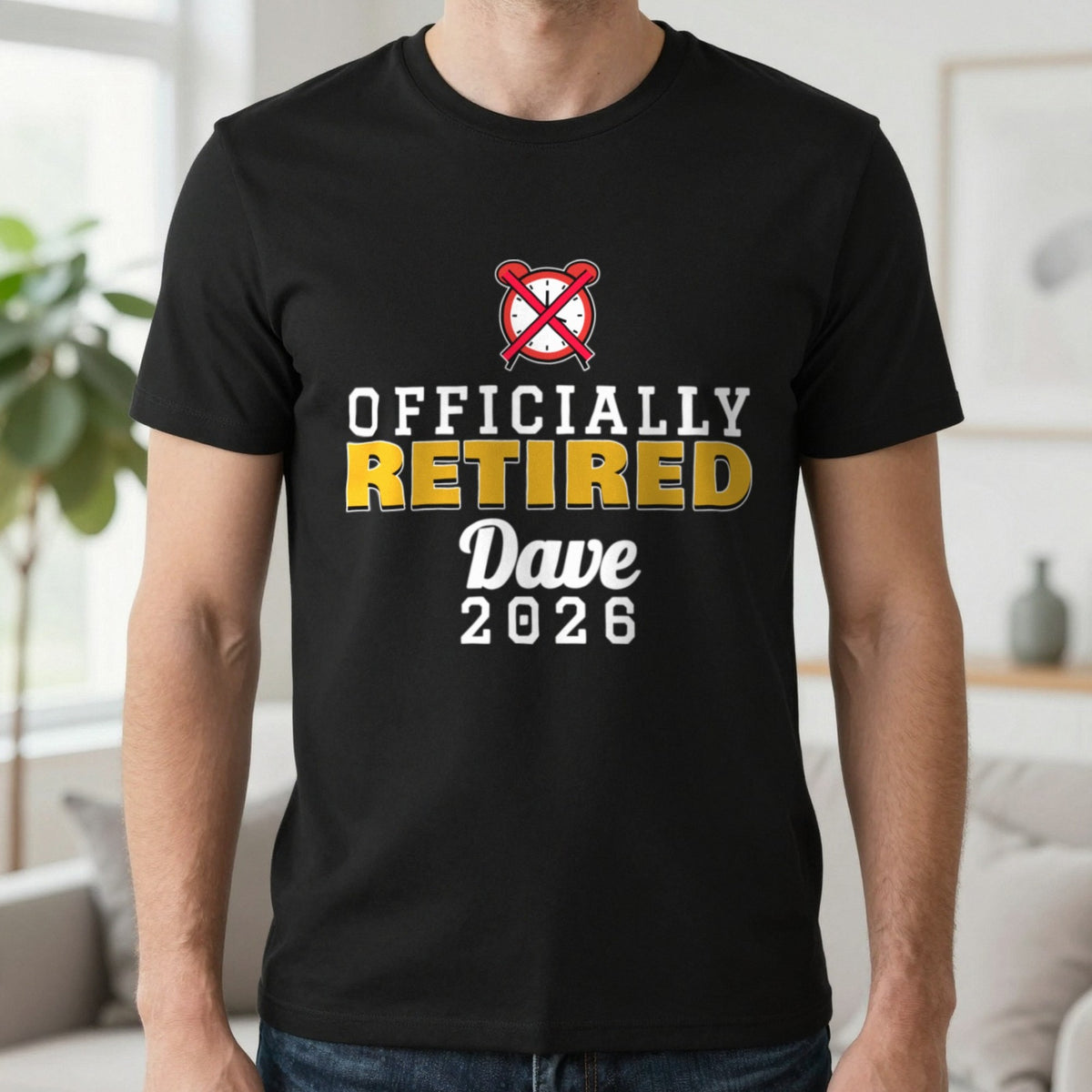 Personalised Officially Retired T-Shirt T-Shirt in Black, worn, our photo