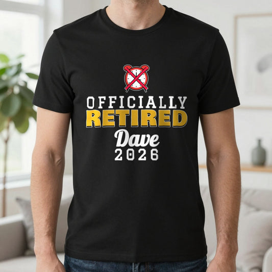 Personalised Officially Retired T-Shirt T-Shirt in Black, worn, our photo