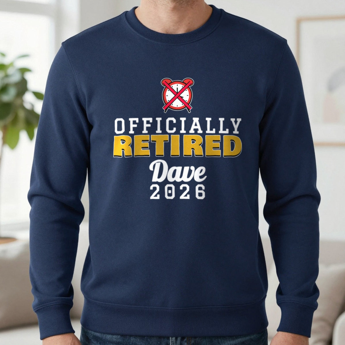 Personalised Officially Retired T-Shirt Sweatshirt in Navy, worn, our photo