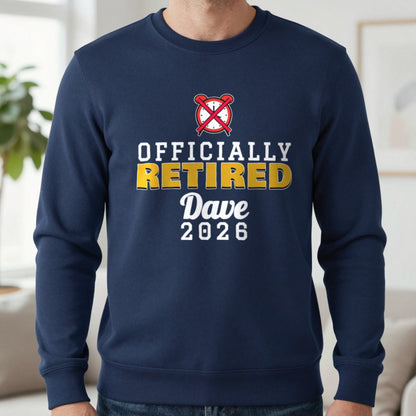 Personalised Officially Retired T-Shirt Sweatshirt in Navy, worn, our photo