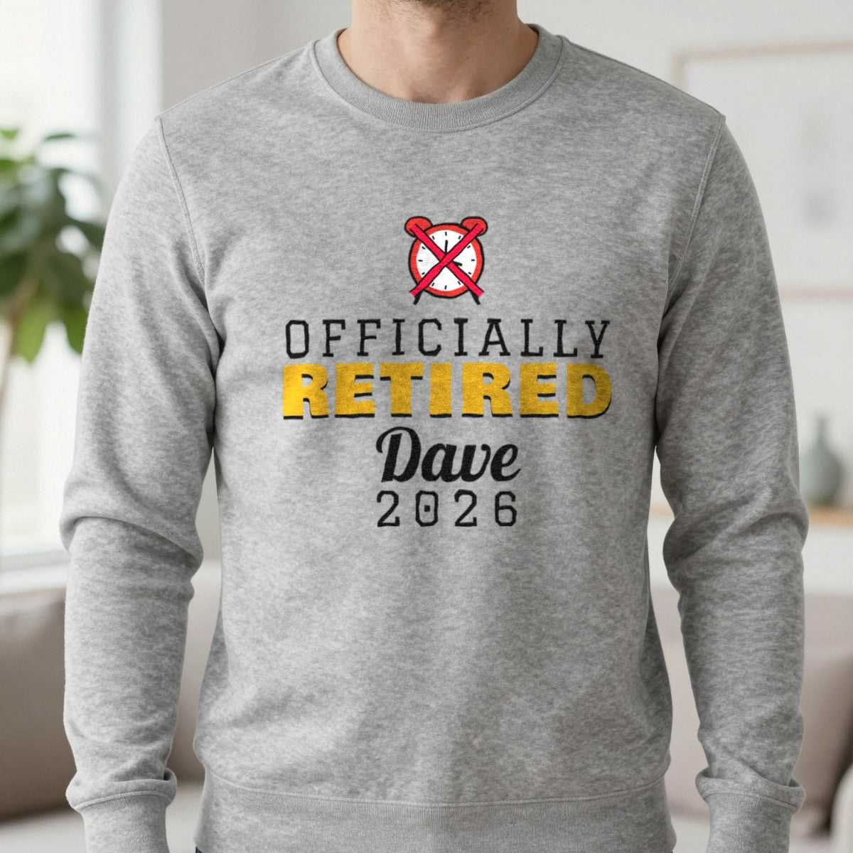 Personalised Officially Retired T-Shirt Sweatshirt in Sport Grey, worn, our photo