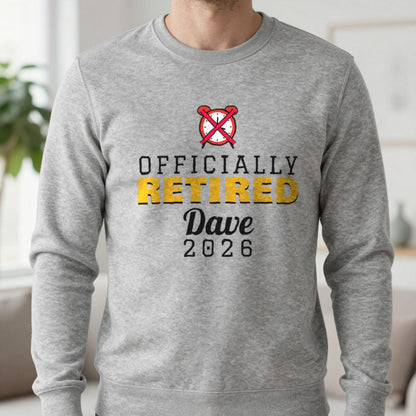 Personalised Officially Retired T-Shirt Sweatshirt in Sport Grey, worn, our photo