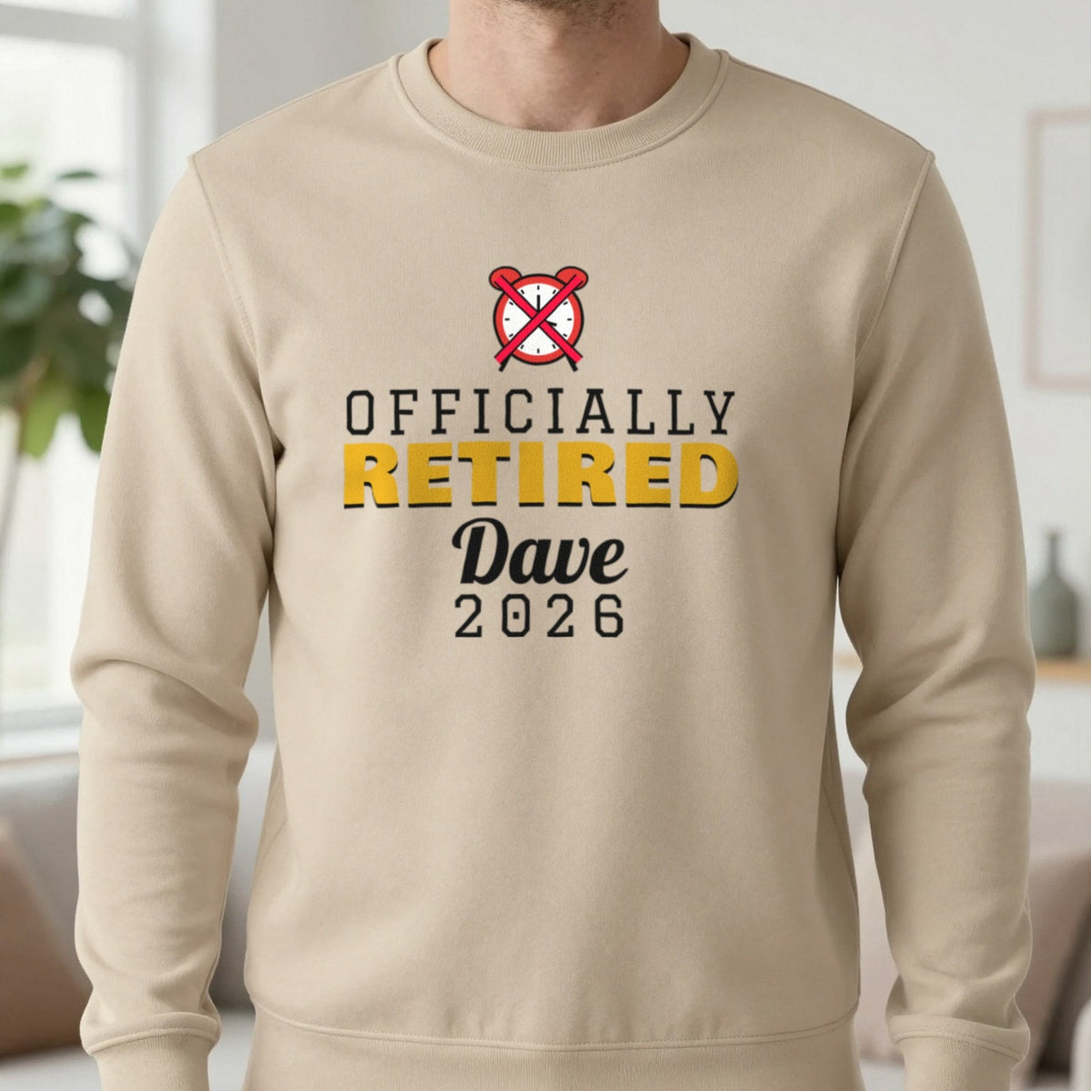Personalised Officially Retired T-Shirt Sweatshirt in Sand, worn, our photo