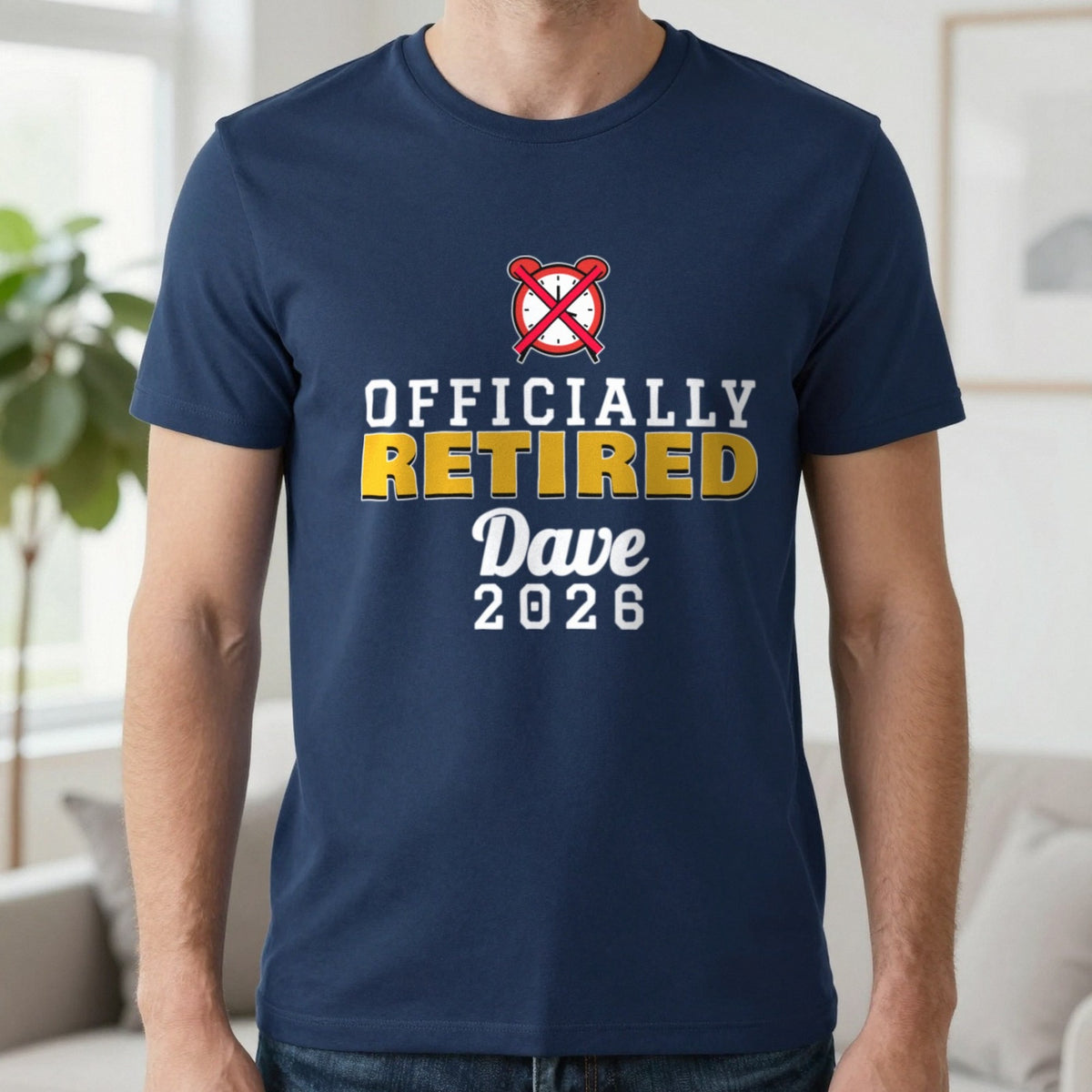 Personalised Officially Retired T-Shirt T-Shirt in Navy, worn, our photo