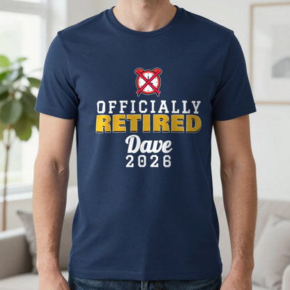 Personalised Officially Retired T-Shirt T-Shirt in Navy, worn, our photo