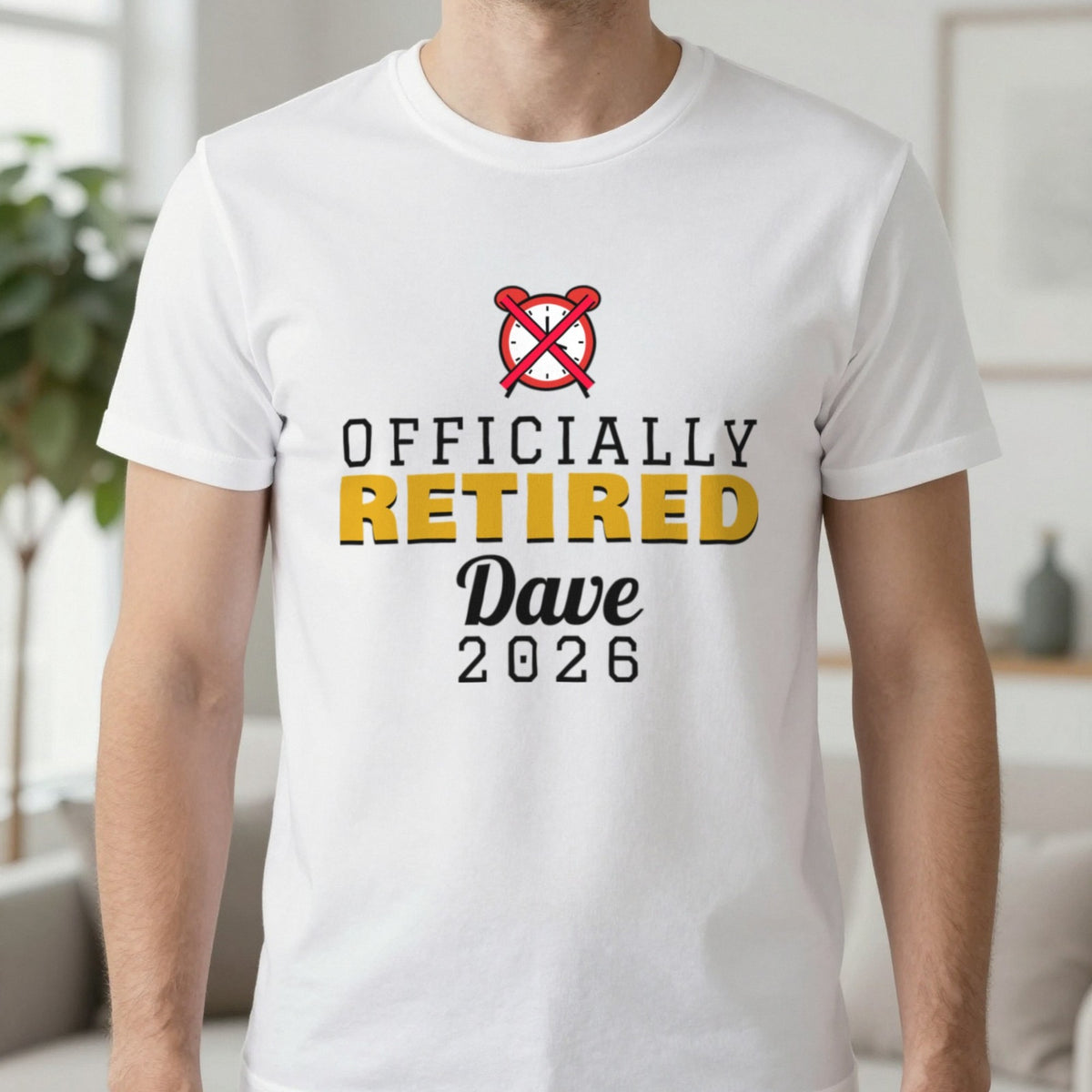 Personalised Officially Retired T-Shirt T-Shirt in White, worn, our photo