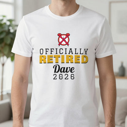 Personalised Officially Retired T-Shirt T-Shirt in White, worn, our photo