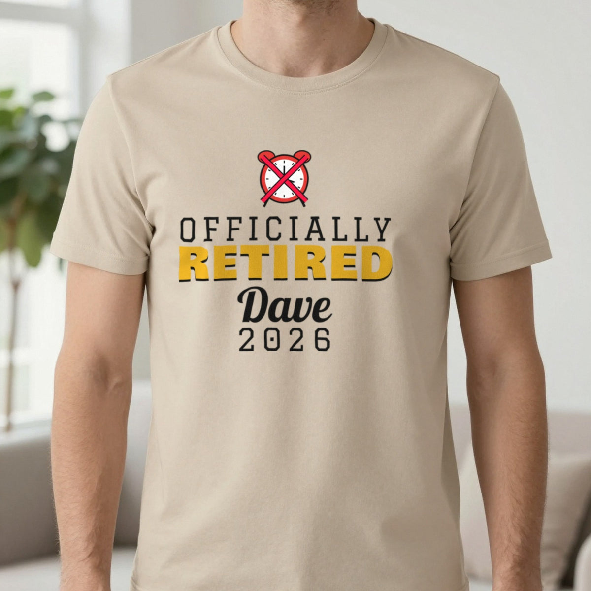 Personalised Officially Retired T-Shirt T-Shirt in Sand, worn, our photo