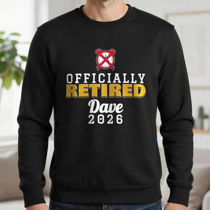 Personalised Officially Retired T-Shirt Sweatshirt in Black, worn, our photo