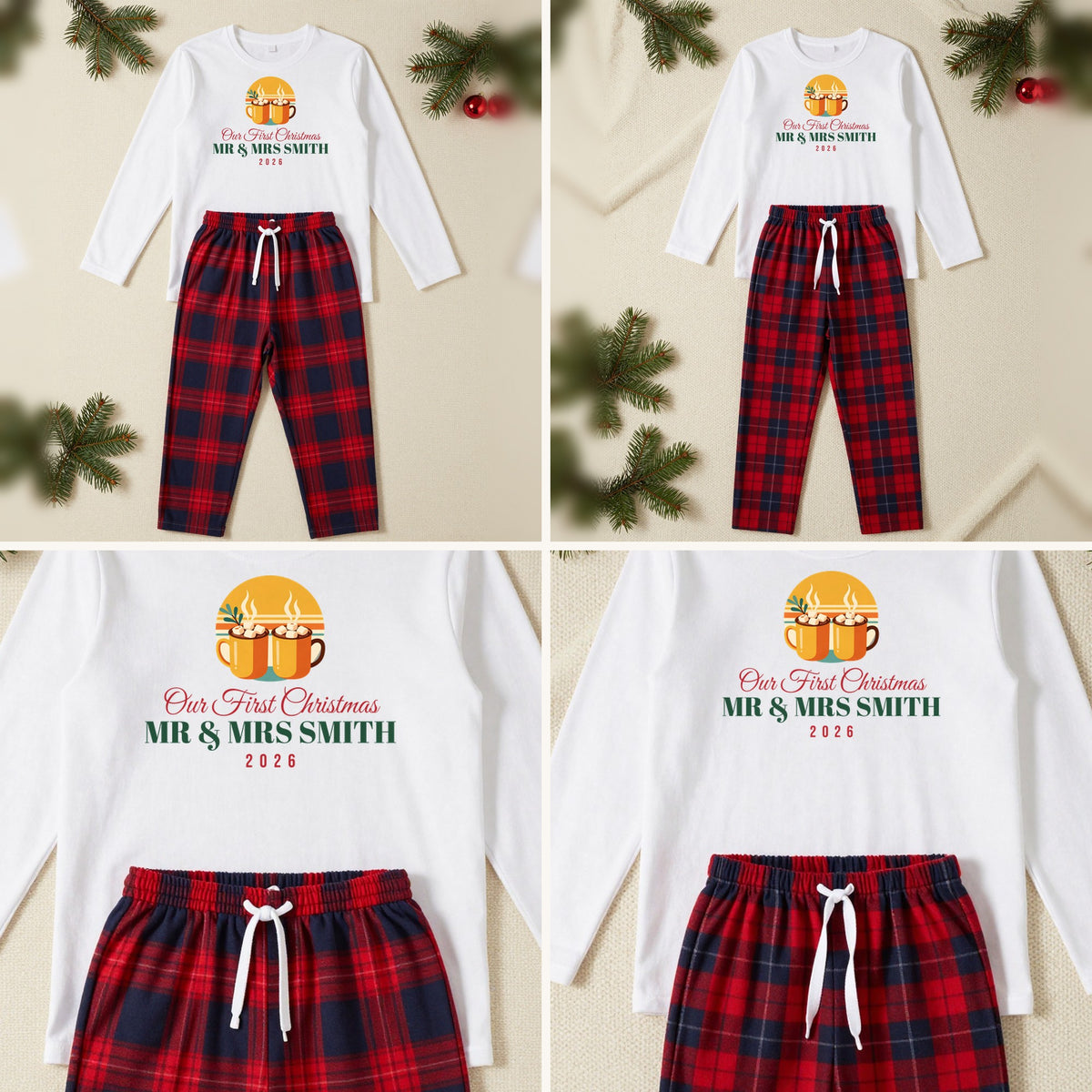 Our First Christmas Couples matching couples Christmas pyjamas set, each with their own name