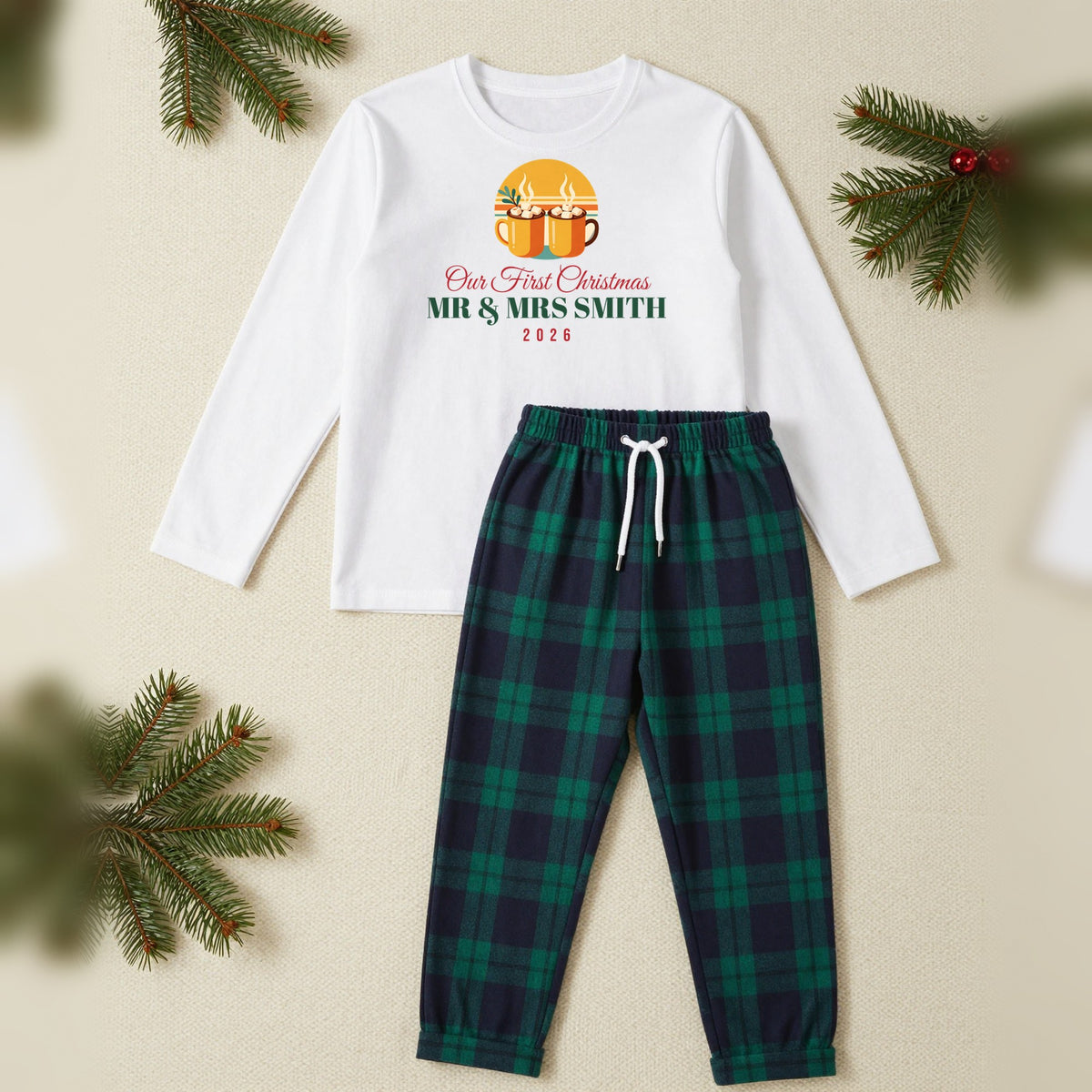 Our First Christmas Personalised Matching Couples Christmas Pyjamas Set, Adult in White / Green Tartan, our photo