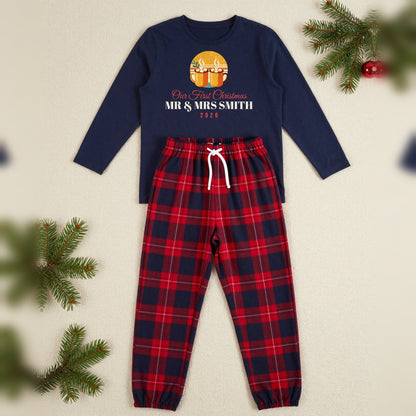Our First Christmas Personalised Matching Couples Christmas Pyjamas Set, Adult in Navy / Red Tartan, our photo