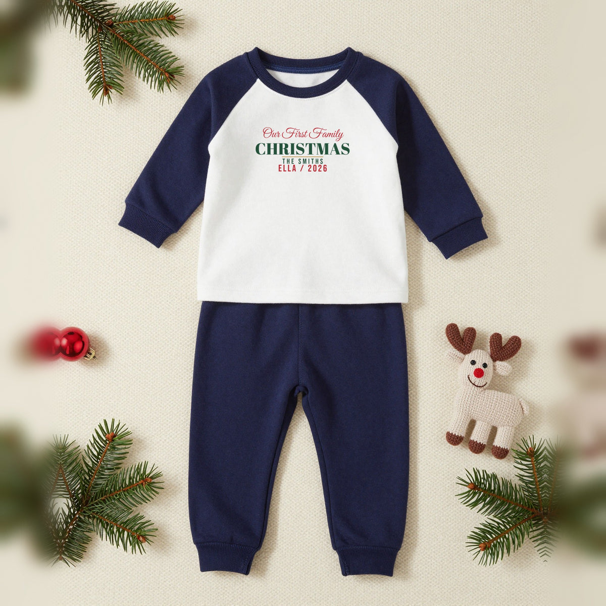 Our First Family Christmas Personalised Matching Family Christmas Pyjamas Set, Baby & Toddler in Navy, our photo