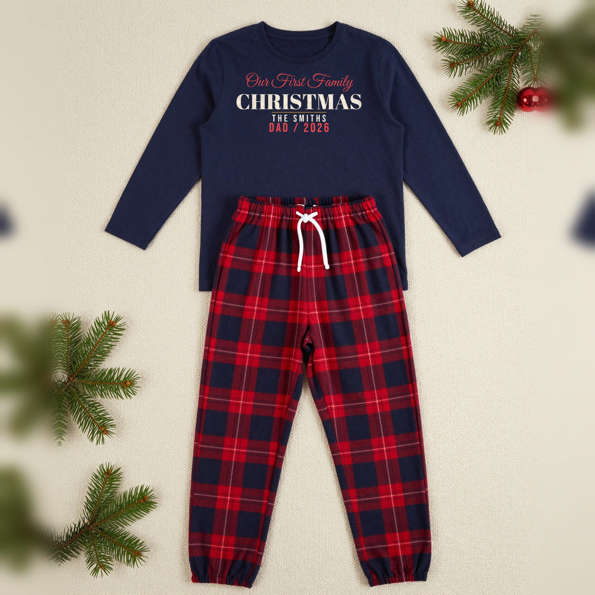 Our First Family Christmas Personalised Matching Family Christmas Pyjamas Set, Adult in Navy / Red Tartan, our photo
