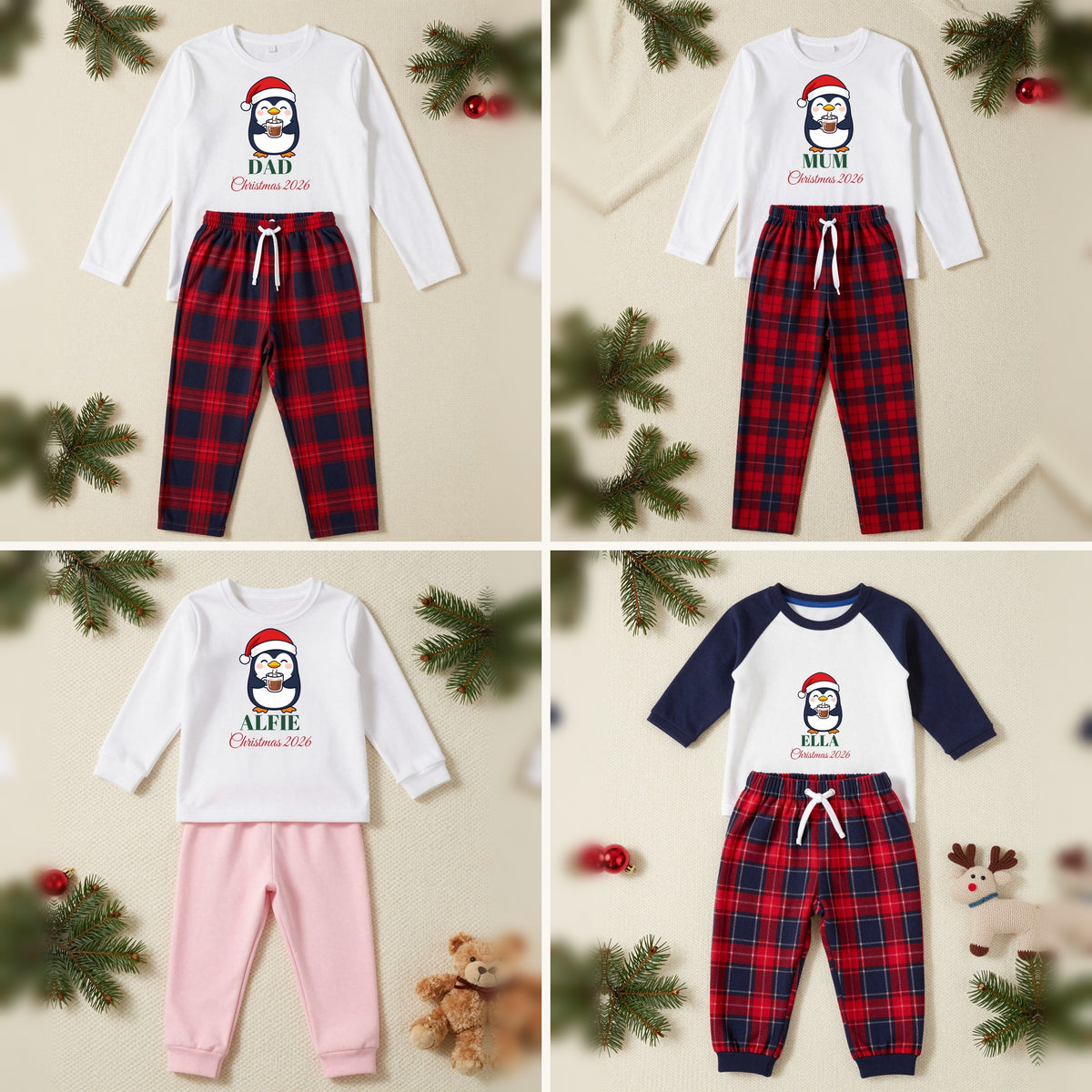 Penguin Family matching family Christmas pyjamas set, each with their own name