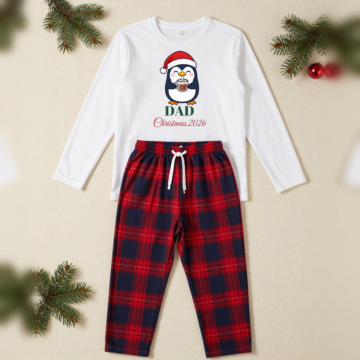 Penguin Family Personalised Matching Family Christmas Pyjamas Set, Adult in White / Red Tartan, our photo