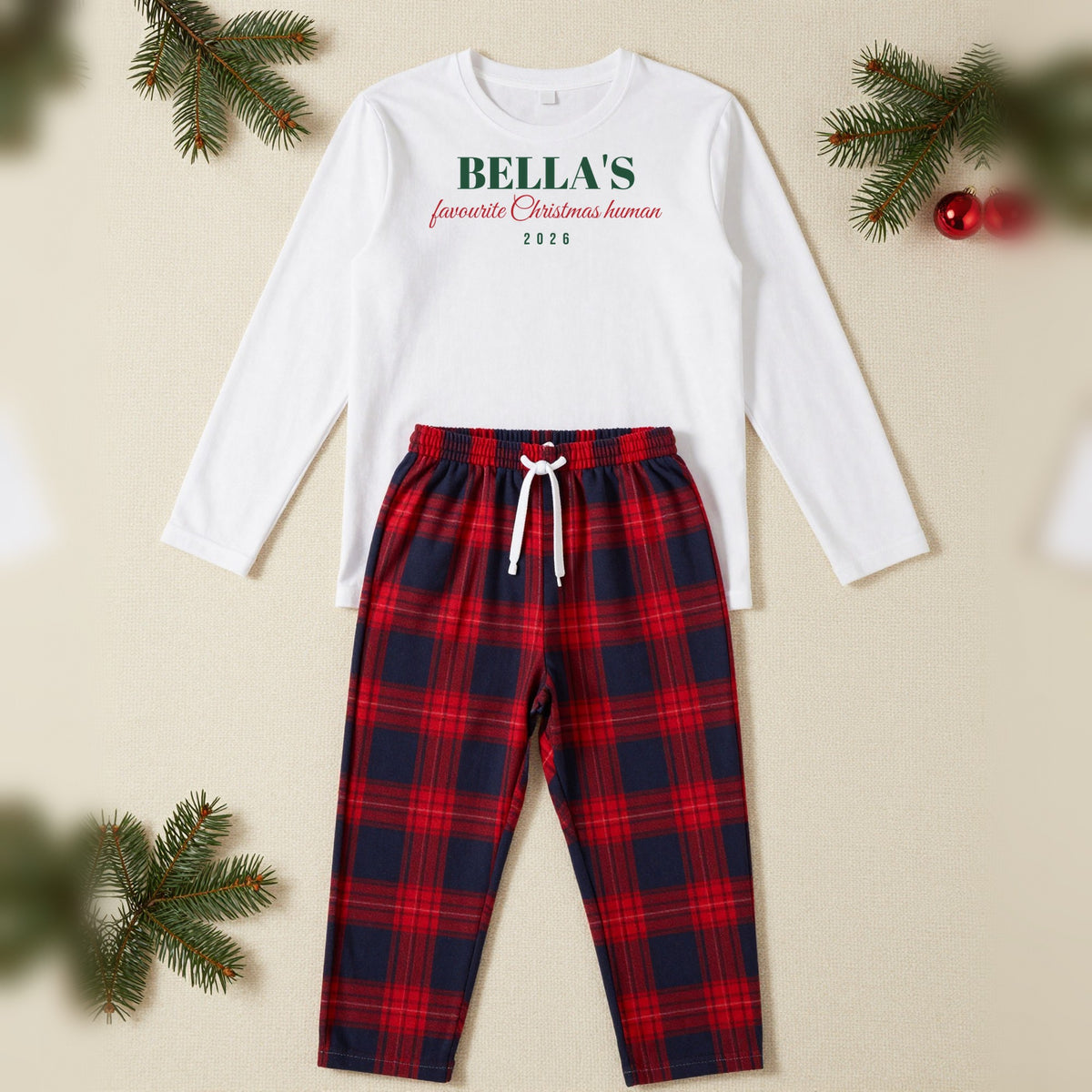 Pets Favourite Christmas Human Personalised Christmas Pyjamas, Adult in White / Red Tartan, our photo