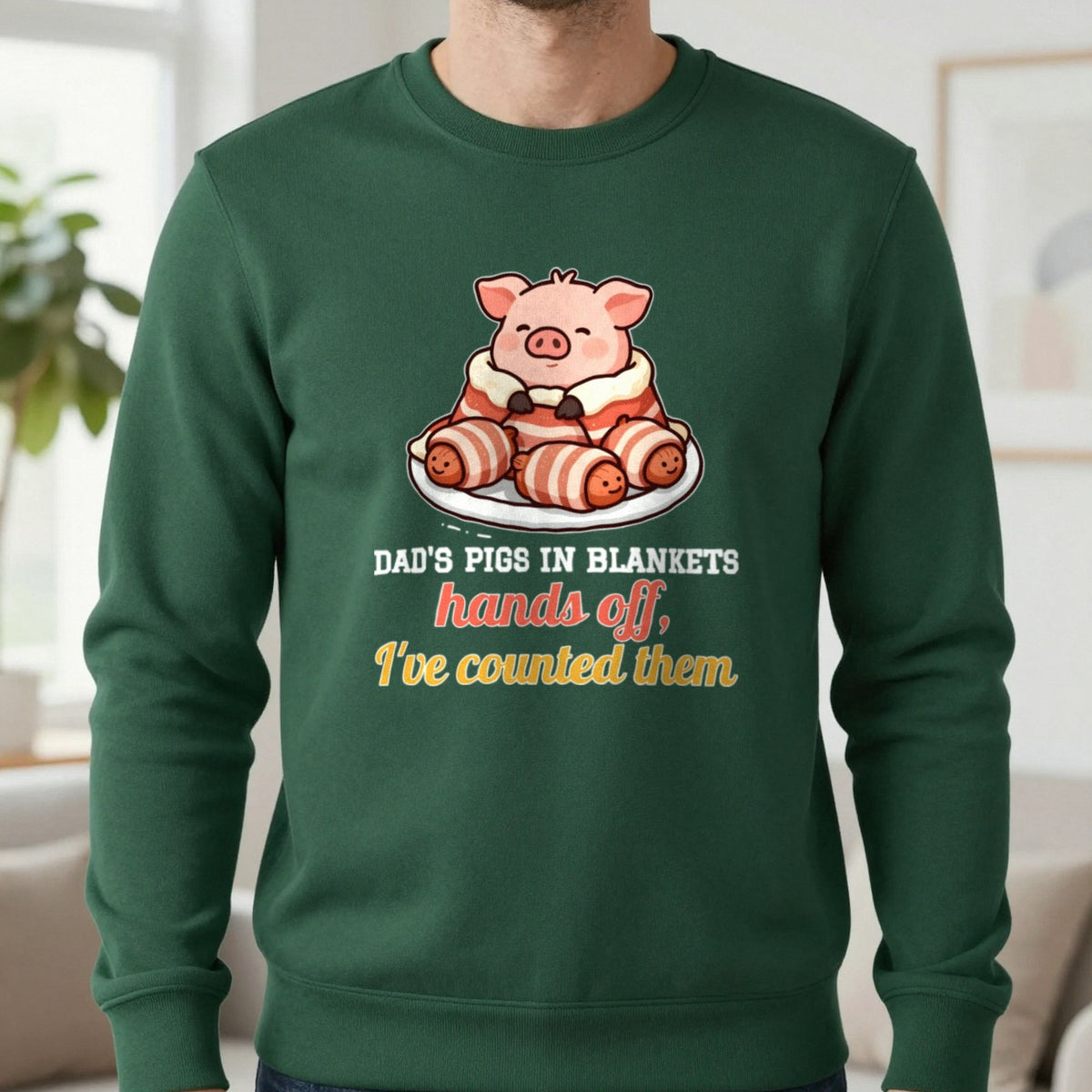 Personalised Pigs In Blankets Christmas Jumper & T-Shirt Sweatshirt in Forest Green, worn, our photo
