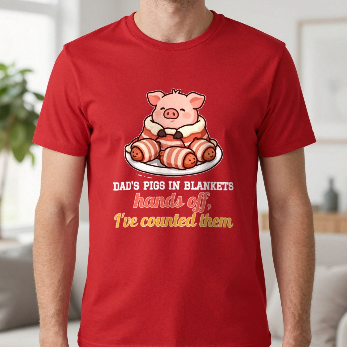 Personalised Pigs In Blankets Christmas Jumper & T-Shirt T-Shirt in Red, worn, our photo