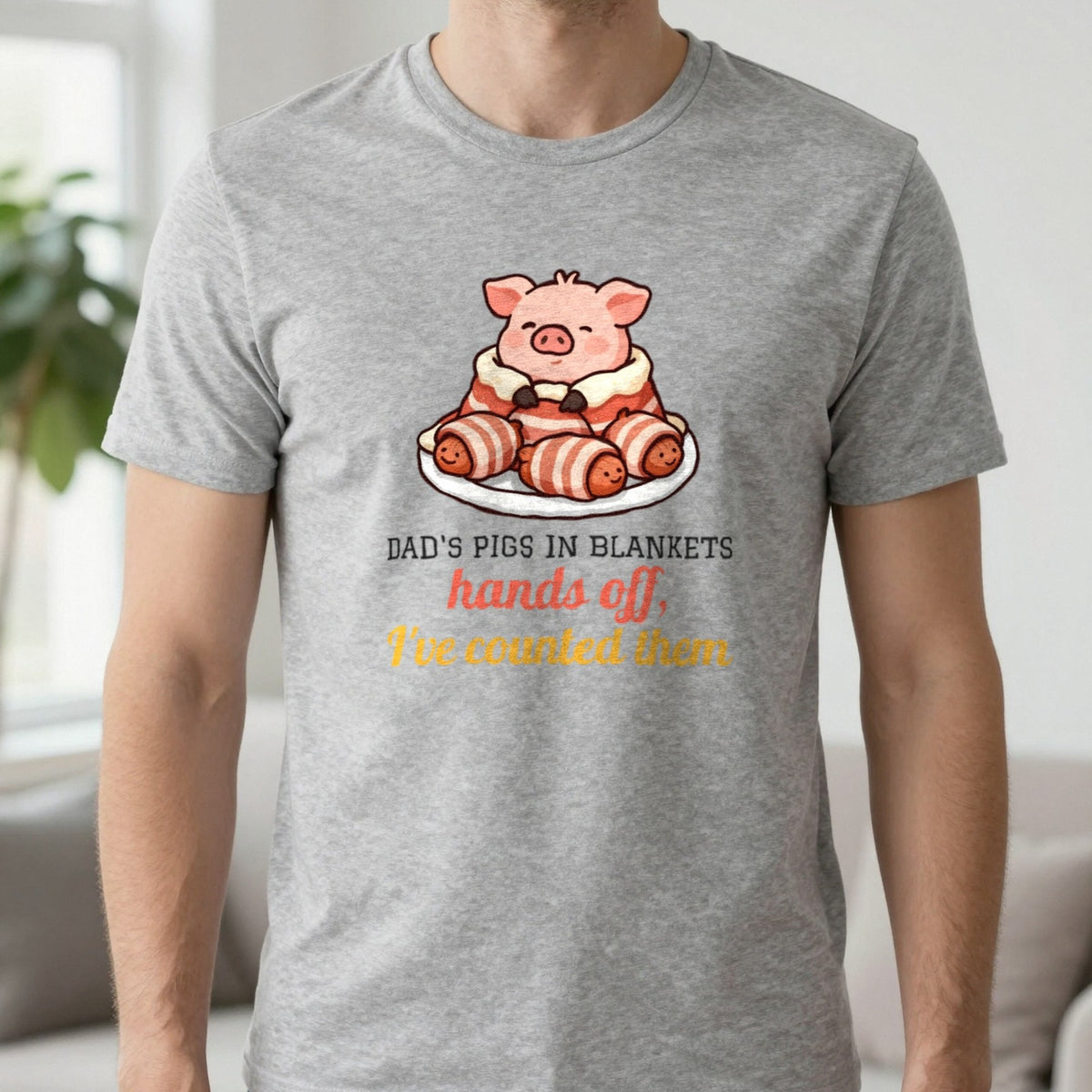 Personalised Pigs In Blankets Christmas Jumper & T-Shirt T-Shirt in Sport Grey, worn, our photo
